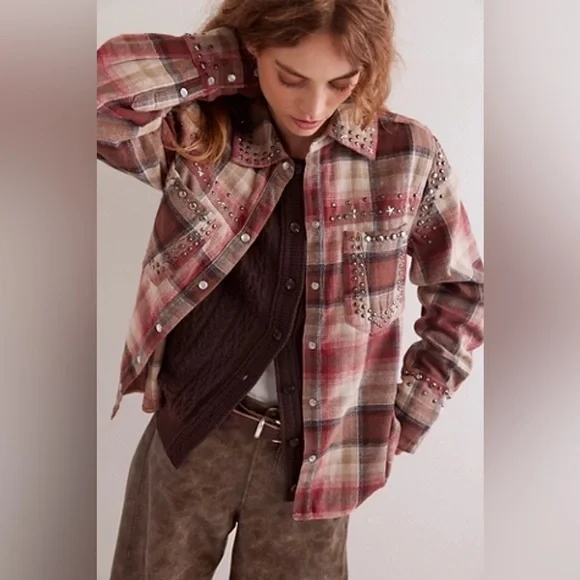 Free People We The Free We The Free Marfa Studded Shirt NWT Size XS Neutral - Picture 1 of 10